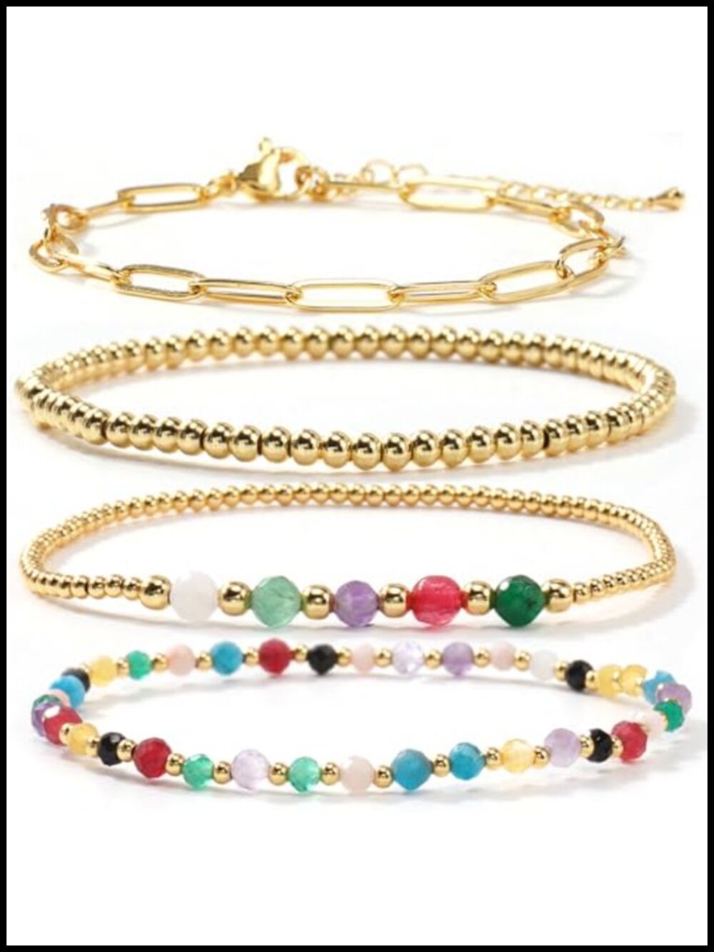 14K Gold Plated 4-Piece Stack Bead Bracelet Set for Women, Stretch, Handmade